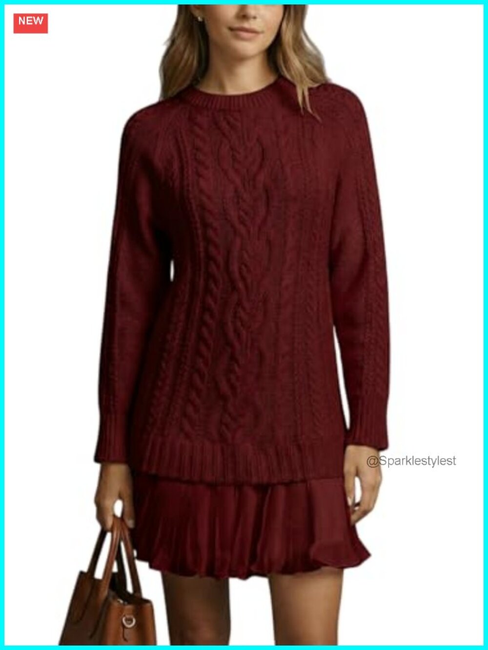 Cable Knit Sweater Dress Pleated Twofer Mini Long Sleeve Crewneck